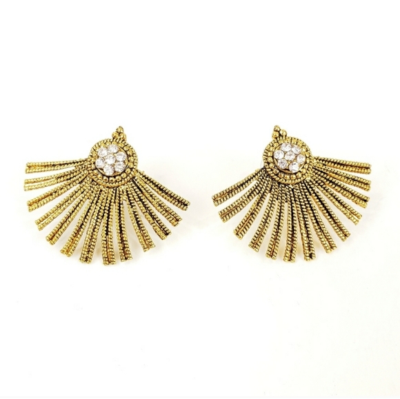 Antiqued Gold Rhinestone Fan Earrings - Picture 1 of 5